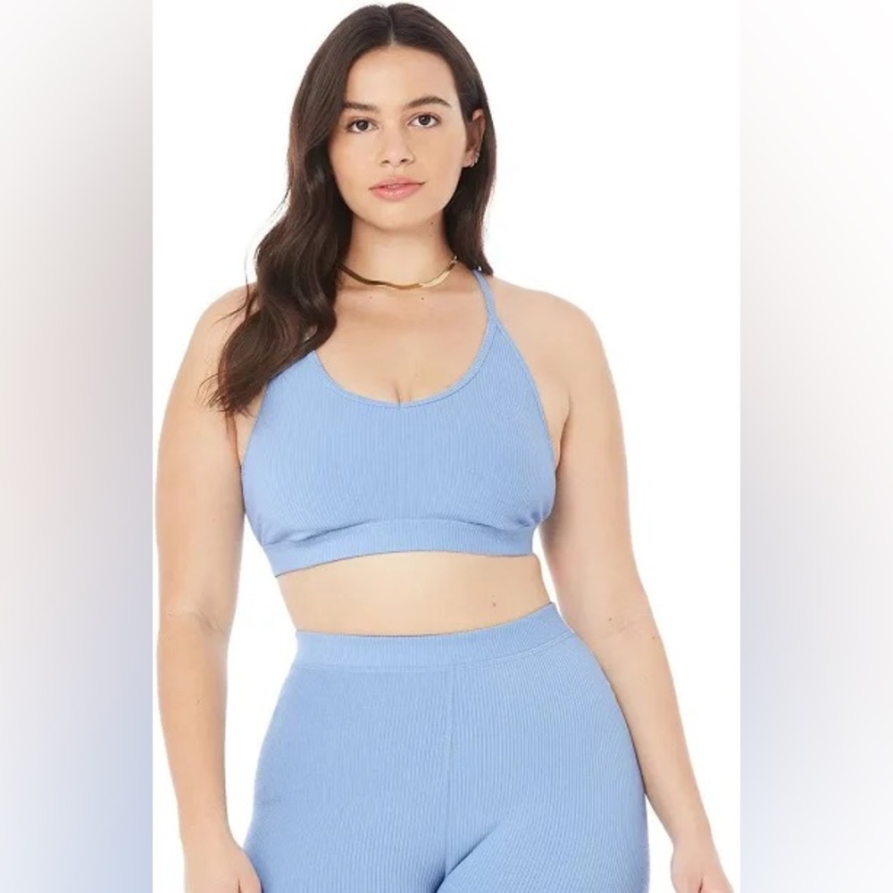 ALO Blissful Rib Knit Sports Bra in Ocean Teal